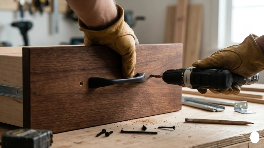 A close-up photograph shows gloved hands attaching a matte black pull handle to a wooden drawer front with a compact drill.