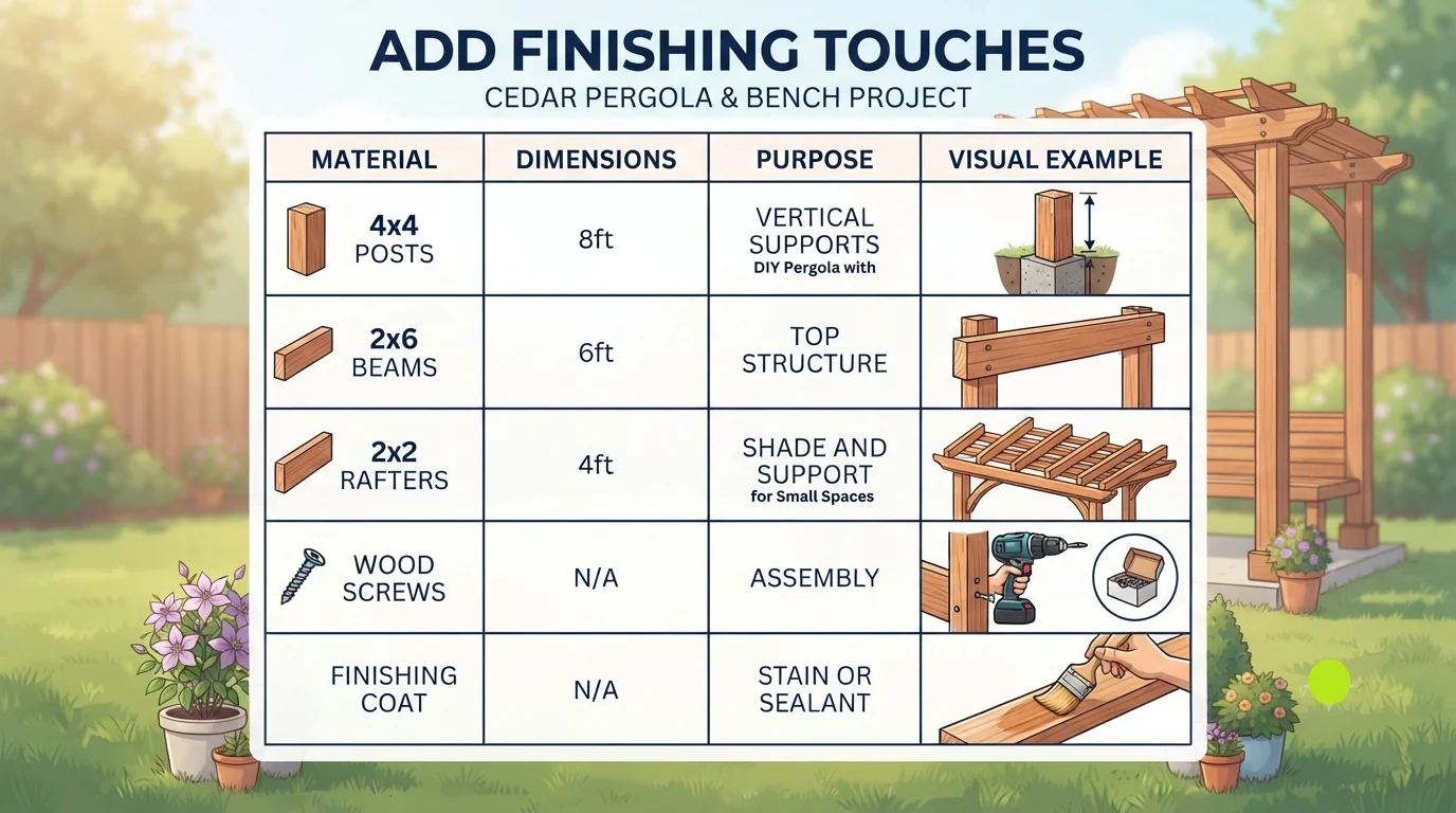 An infographic titled "Add Finishing Touches: Cedar Pergola & Bench Project," featuring a table that lists materials (posts, beams, rafters, screws, coating), their dimensions, purposes, and corresponding visual examples.