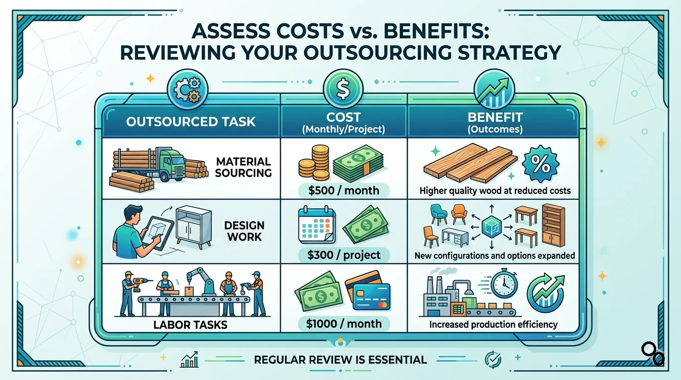 An infographic table titled "Assess Costs vs. Benefits" comparing three outsourced woodworking tasks, showing the monthly or project costs alongside their production benefits.