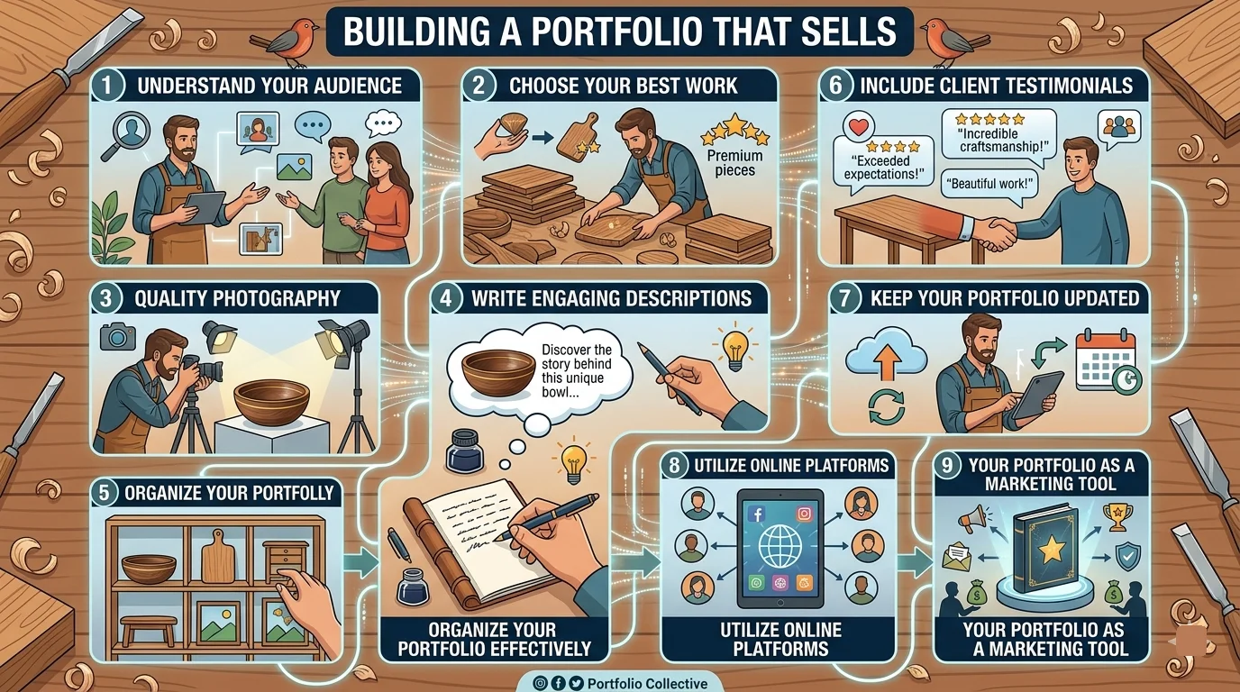 An infographic titled "BUILDING A PORTFOLIO THAT SELLS" with nine illustrated panels set on a wooden workbench with tools. The panels show diverse woodworkers, clients, and processes