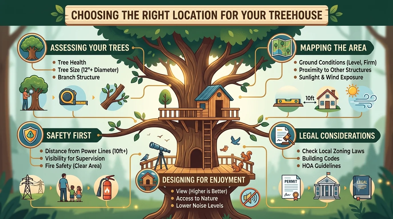 An infographic titled "Choosing the Right Location for Your Treehouse," featuring a central treehouse illustration surrounded by five key icons and text points: assessing tree health, mapping the area, prioritizing safety, checking legal considerations, and designing for enjoyment.