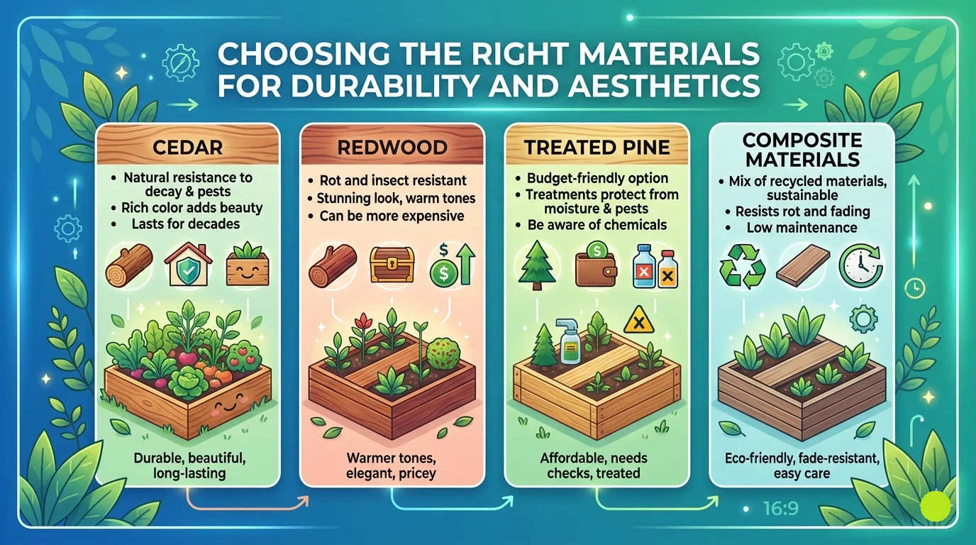 An infographic titled "CHOOSING THE RIGHT MATERIALS FOR DURABILITY AND AESTHETICS". It features four vertical, illustrated panels detailing garden bed materials: Cedar (durable, long-lasting), Redwood (warmer tones, pricey), Treated Pine (affordable, treated), and Composite Materials (eco-friendly, easy care), each shown with bullet points and a stylized drawing of a raised garden bed.