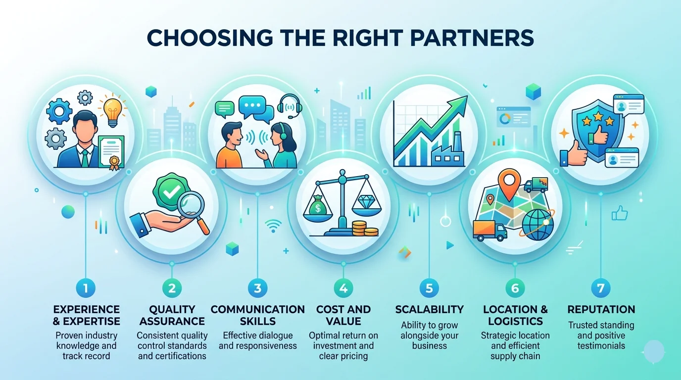 An infographic titled 'CHOOSING THE RIGHT PARTNERS' with seven circular modules. Each module features a stylized icon and number, with a detailed description