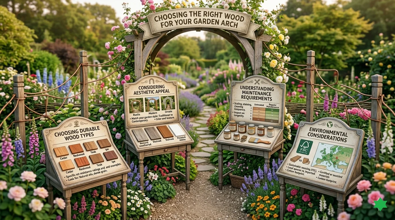 image of a garden archway with infographic of different wood choice