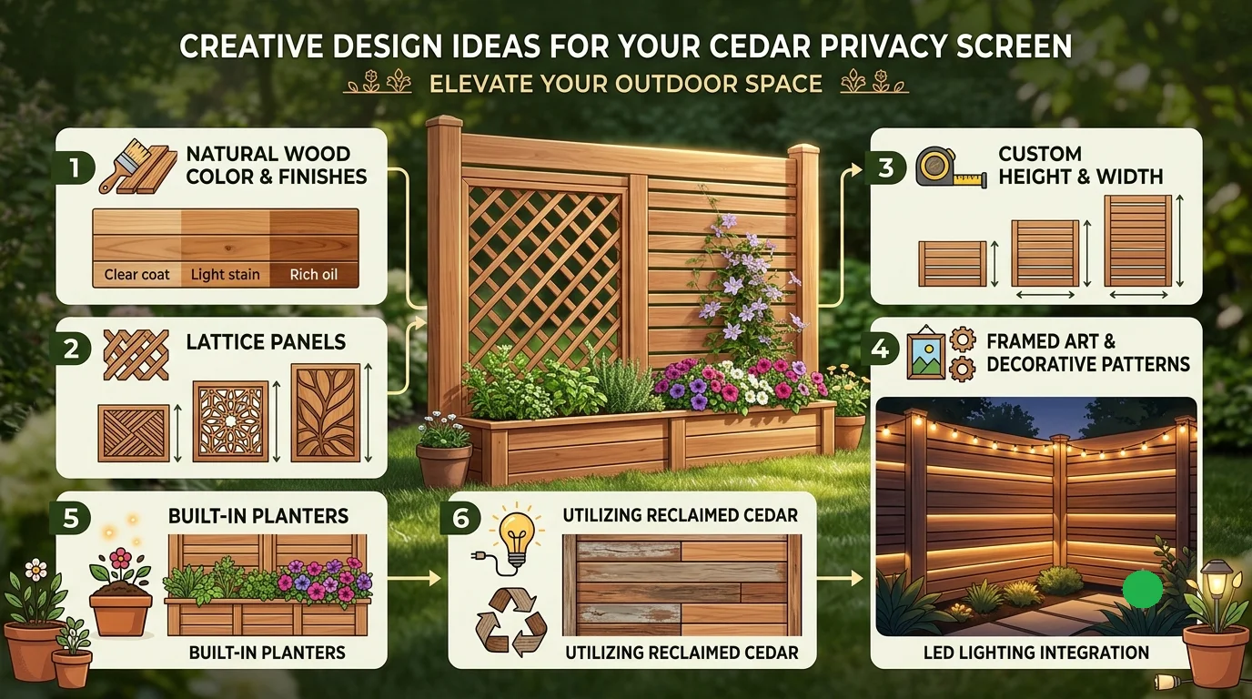 An infographic titled "Creative Design Ideas for Your Cedar Privacy Screen," showcasing various ways to customize your outdoor space including finishes, lattice, lighting, and built-in planters.