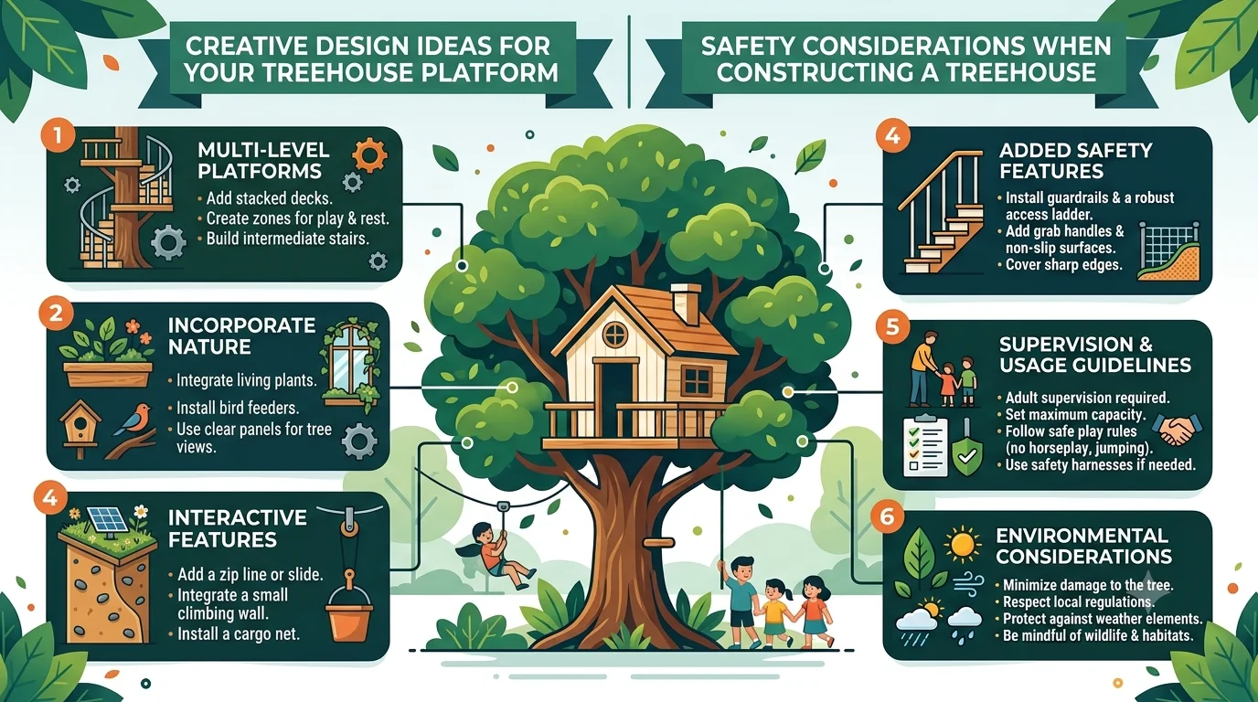 An infographic featuring a central treehouse illustration, split into two main sections: "Creative Design Ideas for Your Treehouse Platform" (covering multi-level platforms, incorporating nature, and interactive features) and "Safety Considerations When Constructing a Treehouse"