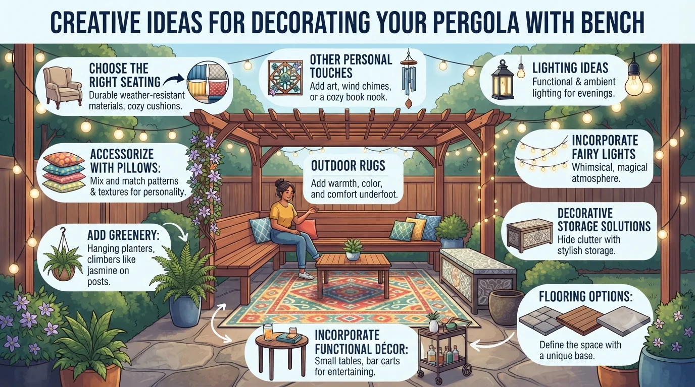 An infographic titled "Creative Ideas for Decorating Your Pergola with Bench," illustrating ten styling tips including seating, pillows, greenery, lighting, flooring, functional decor, and storage around a central decorated pergola illustration.
