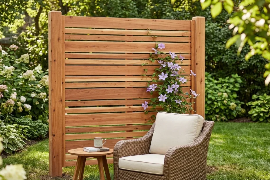 A newly constructed cedar privacy screen standing in a lush backyard, featuring a cozy outdoor armchair and side table next to a climbing plant.