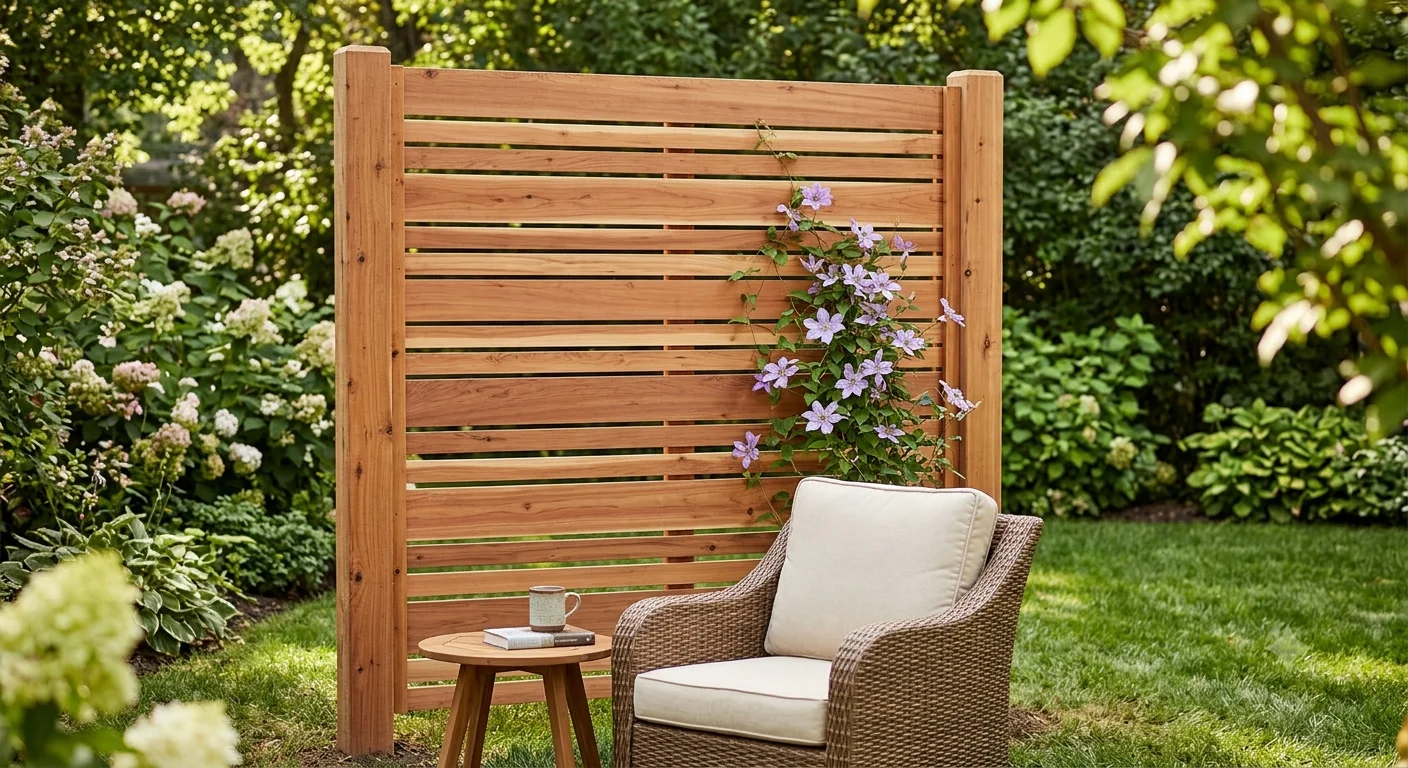A newly constructed cedar privacy screen standing in a lush backyard, featuring a cozy outdoor armchair and side table next to a climbing plant.