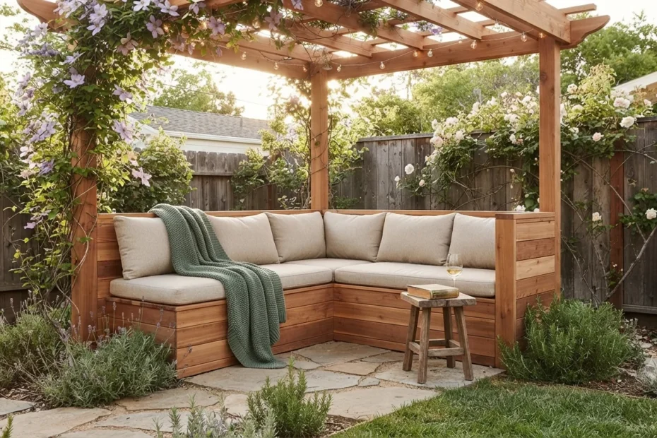 A cozy, high-quality photograph of a completed wooden pergola in a backyard, featuring an L-shaped bench with plush cushions, a soft green throw blanket, a small wooden side table holding a book and a glass of wine, and lush climbing plants.