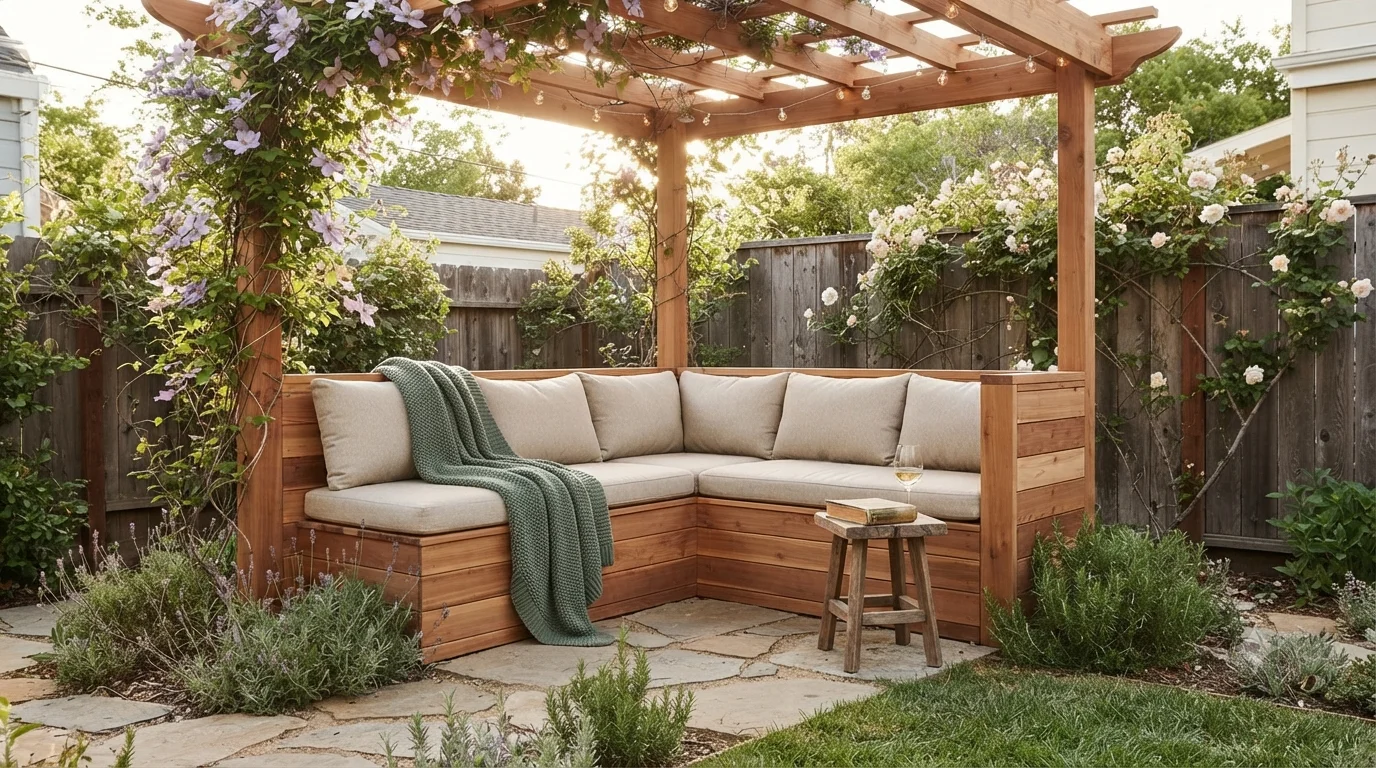 A cozy, high-quality photograph of a completed wooden pergola in a backyard, featuring an L-shaped bench with plush cushions, a soft green throw blanket, a small wooden side table holding a book and a glass of wine, and lush climbing plants.