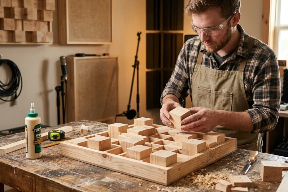 a woodworker doing wooden acoustic diffuser on the table