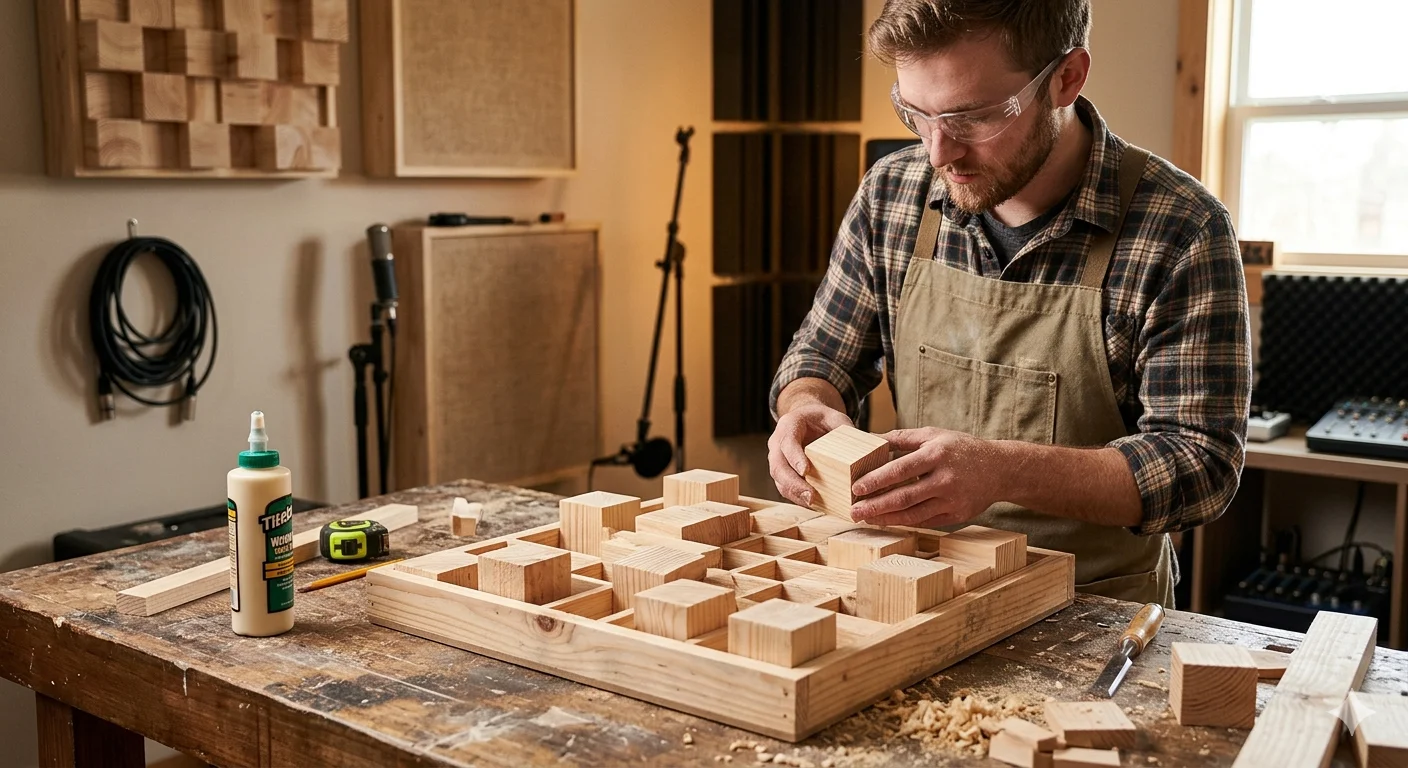 a woodworker doing wooden acoustic diffuser on the table