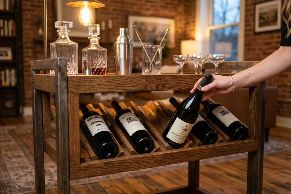 A hand slides a wine bottle into a built-in wooden slat rack on a rustic bar cart.