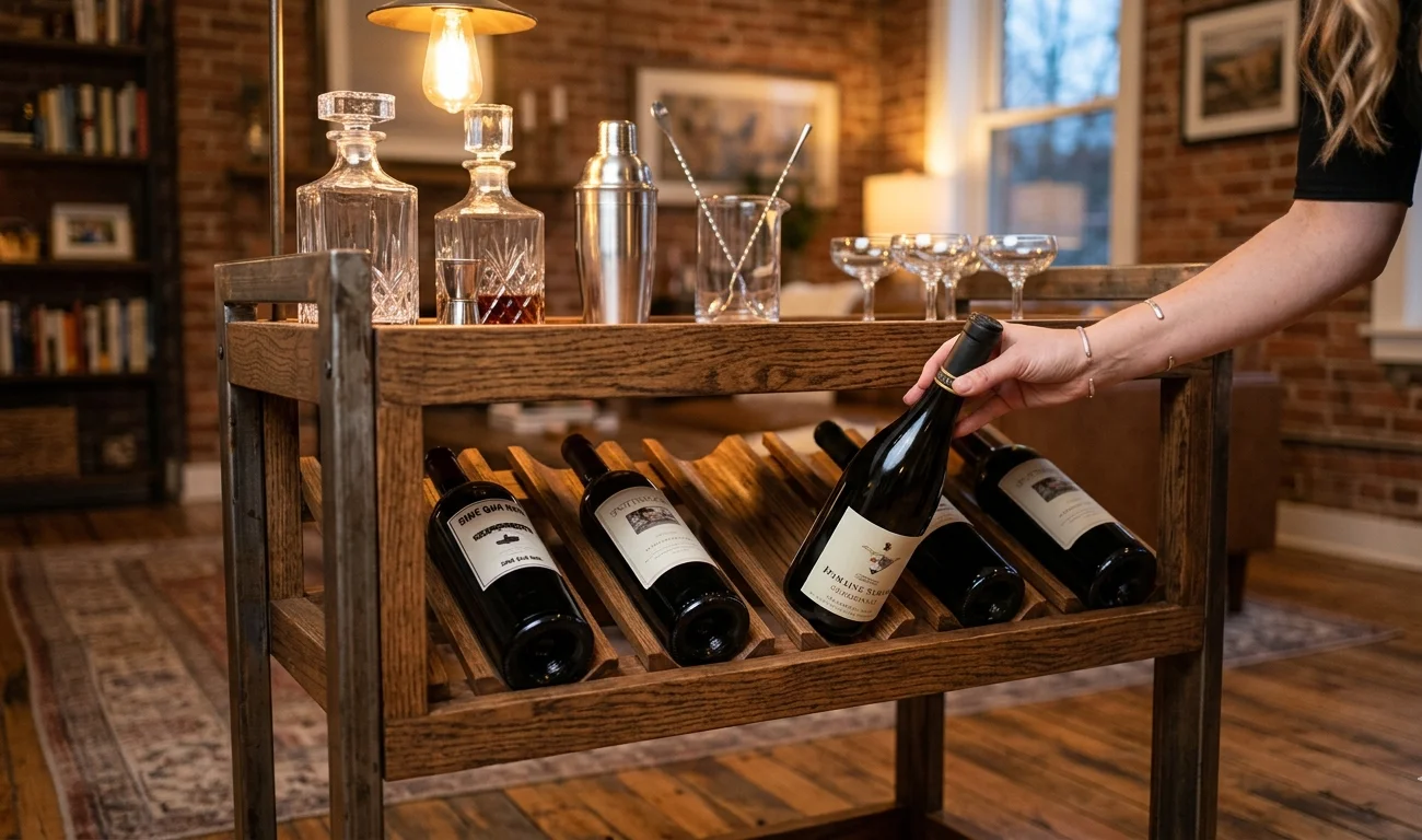 A hand slides a wine bottle into a built-in wooden slat rack on a rustic bar cart.