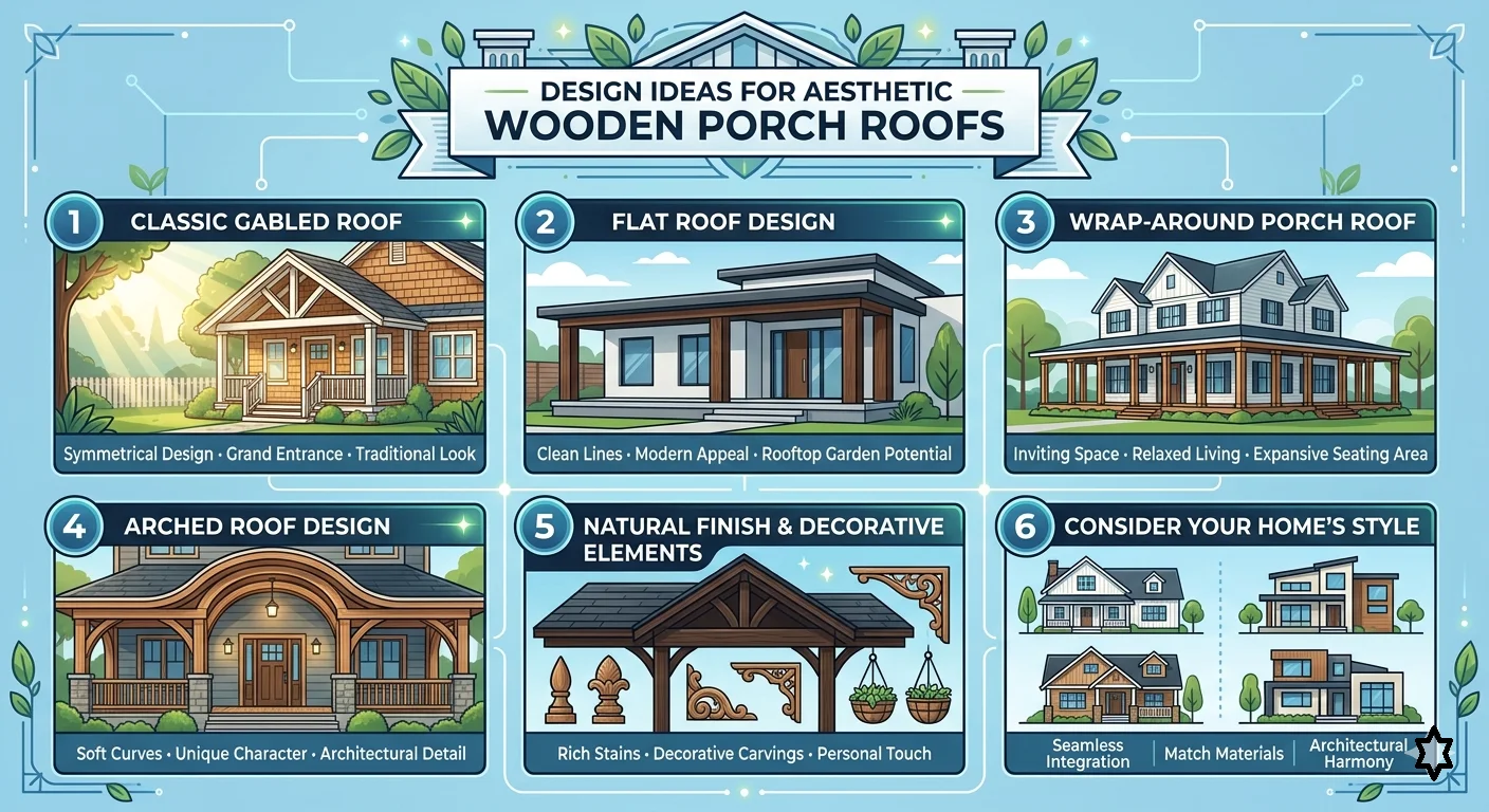 infographic image of Design Ideas for Aesthetic Wooden Porch Roofs