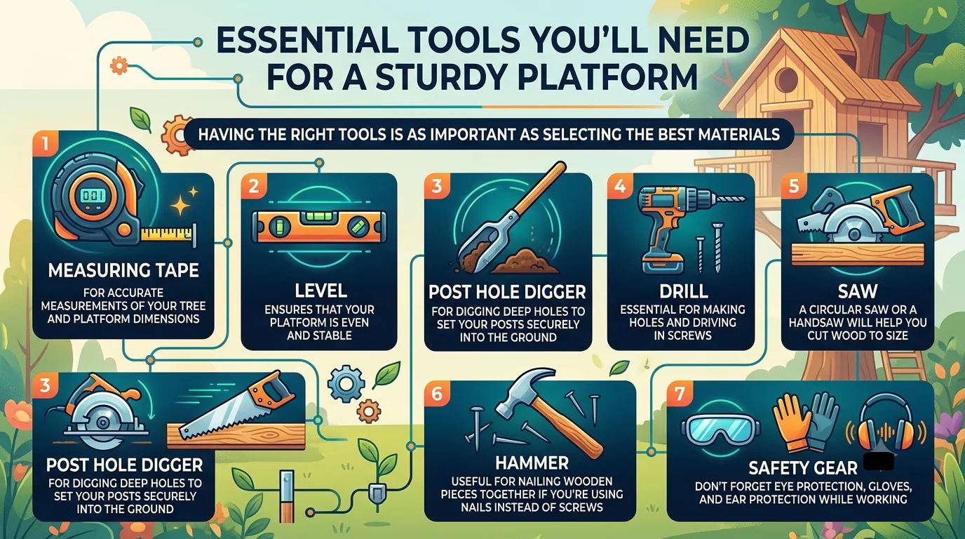 An infographic titled "Essential Tools You'll Need for a Sturdy Platform," featuring seven labeled icons representing required building tools: measuring tape, level, post hole digger, drill, saw, hammer, and protective safety gear.