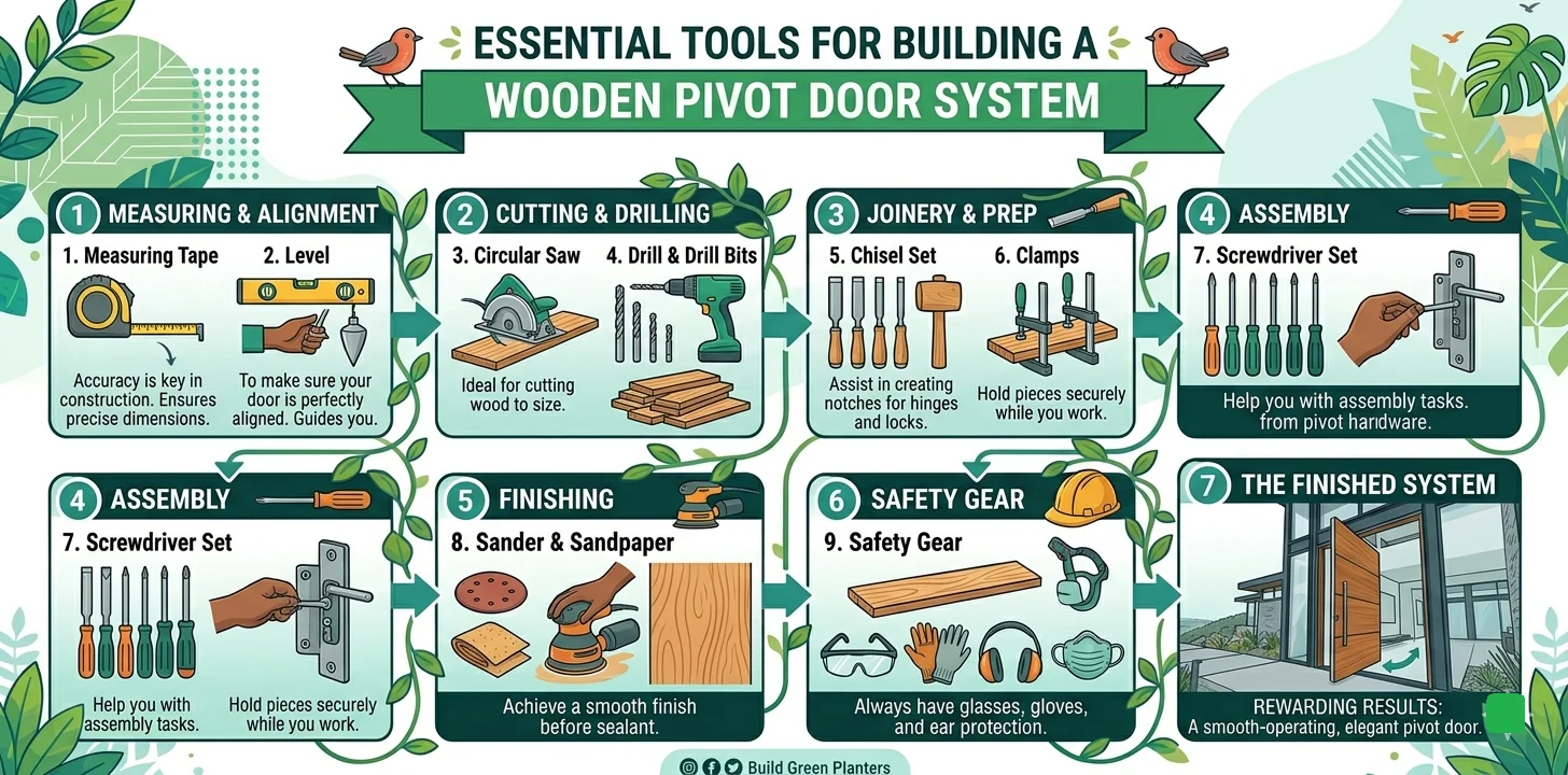 infographic of Essential Tools for Building a Wooden Pivot Door System