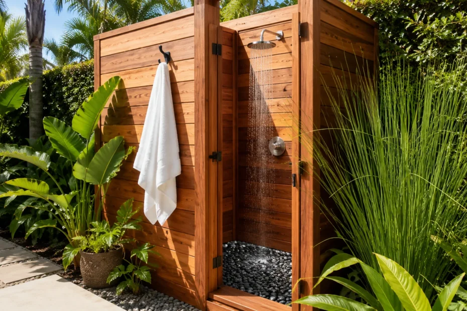 a wooden outdoor shower enclosure with plants around it