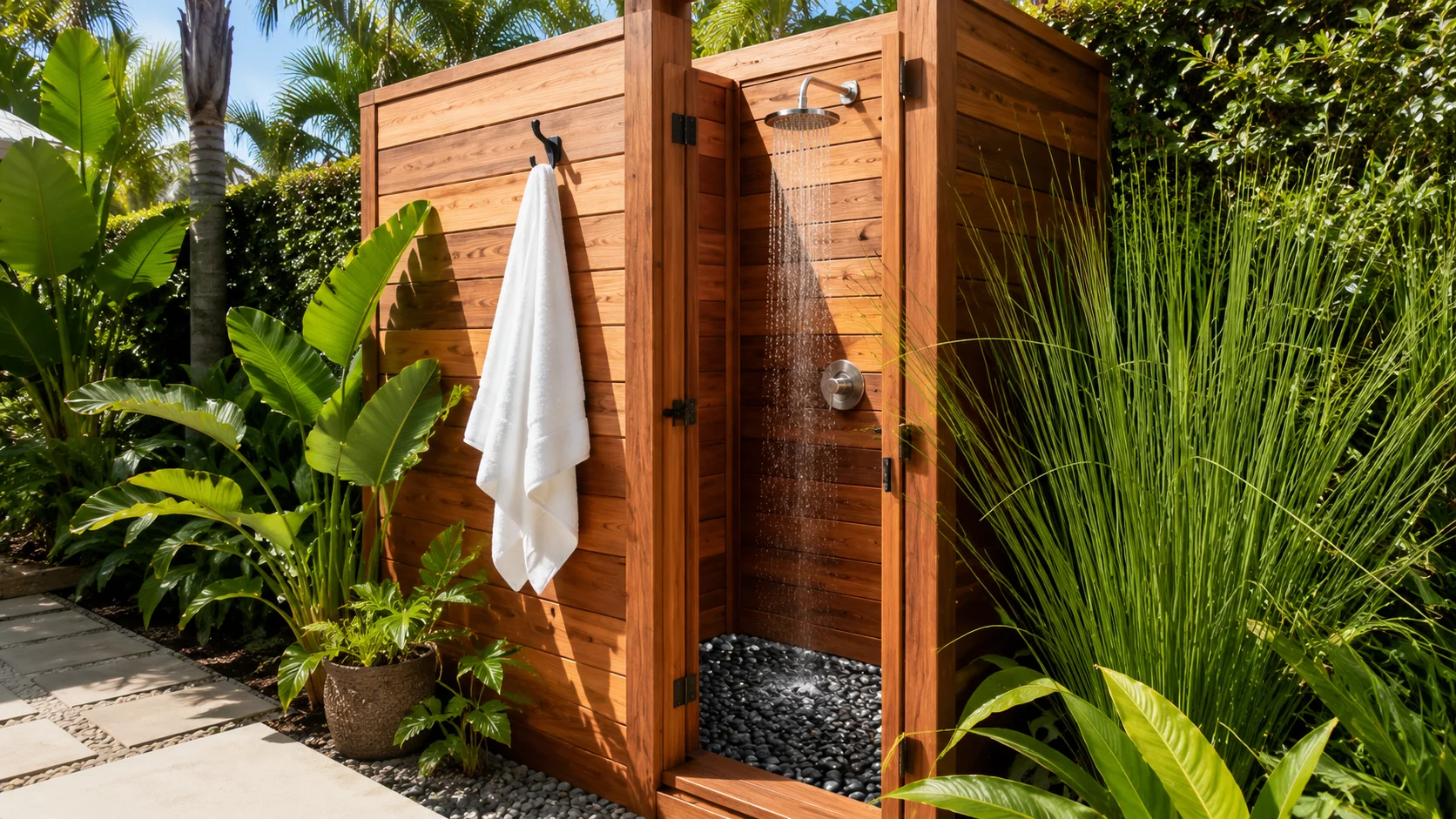 a wooden outdoor shower enclosure with plants around it