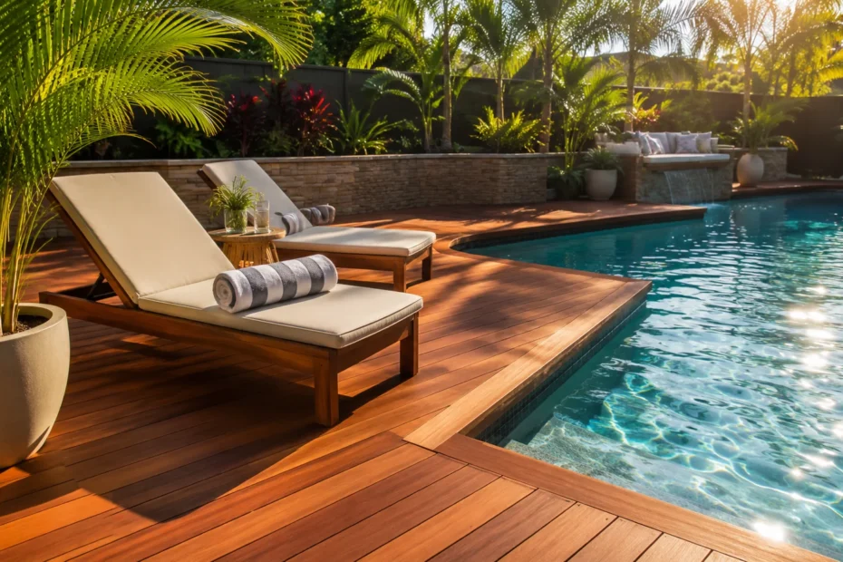 Luxury wooden pool deck with lounge chairs, tropical plants, and sparkling blue water on a sunny day.