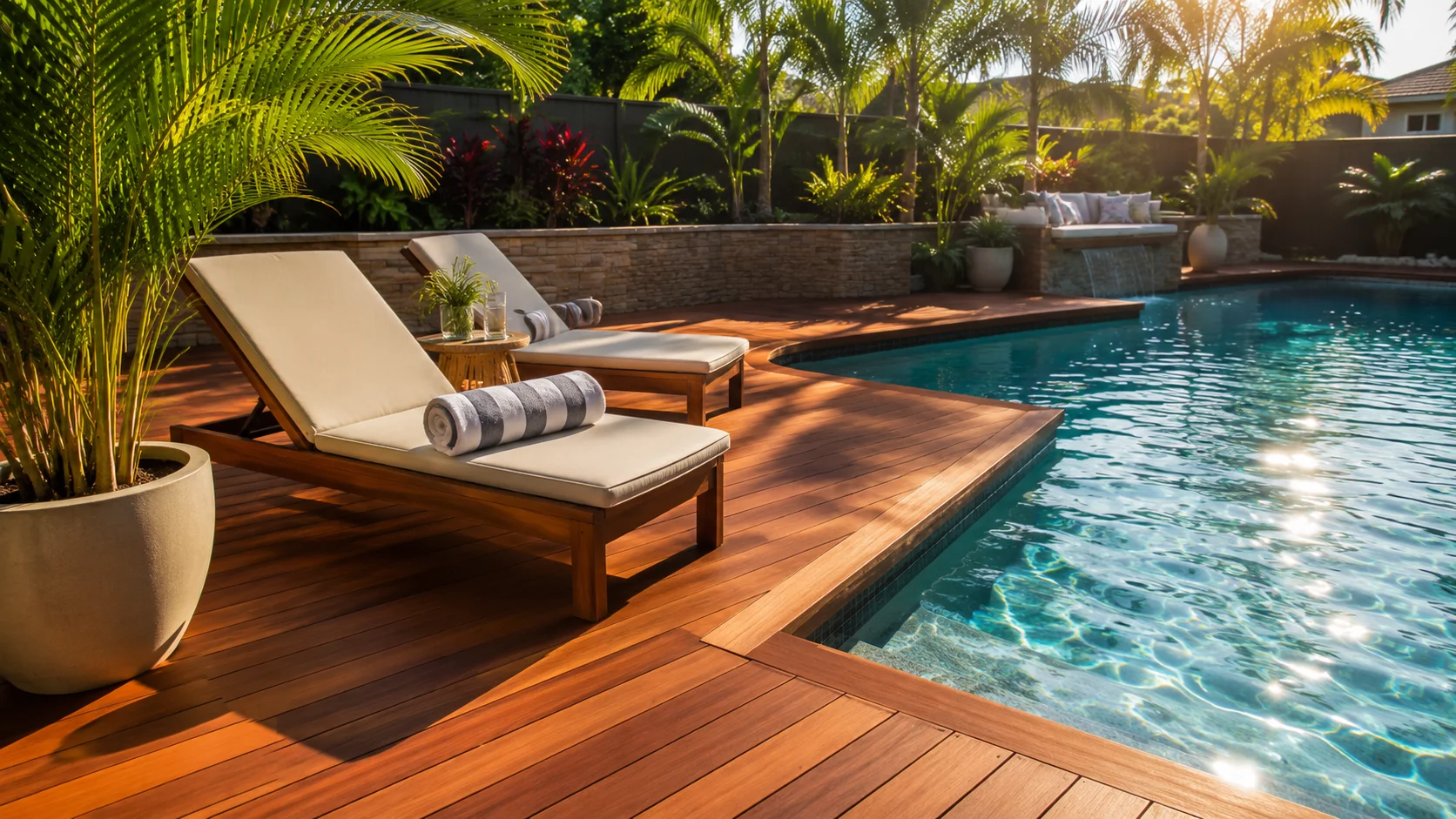 Luxury wooden pool deck with lounge chairs, tropical plants, and sparkling blue water on a sunny day.