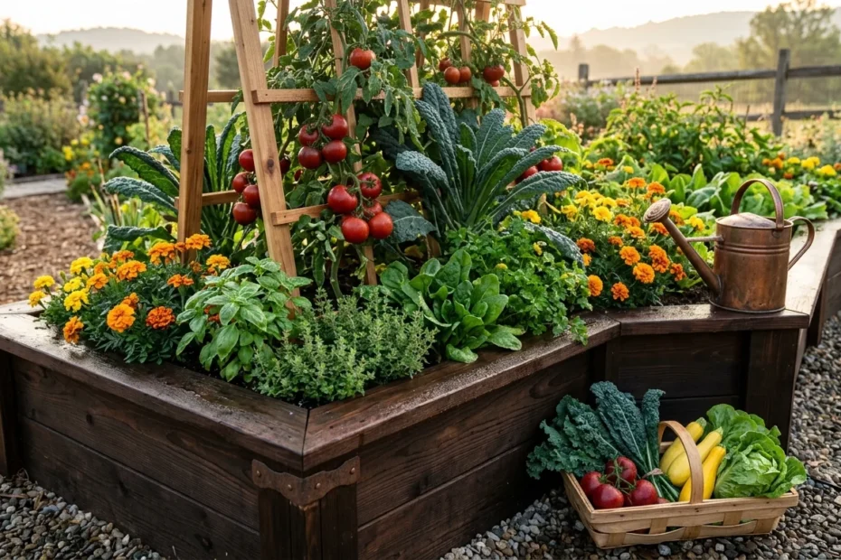 A completed dark cedar raised garden bed overflowing with ripe red tomatoes on a wooden trellis, dark green kale, and bright yellow marigolds during the morning golden hour, with a rustic watering can resting on the edge and a basket of freshly picked vegetables on the ground.