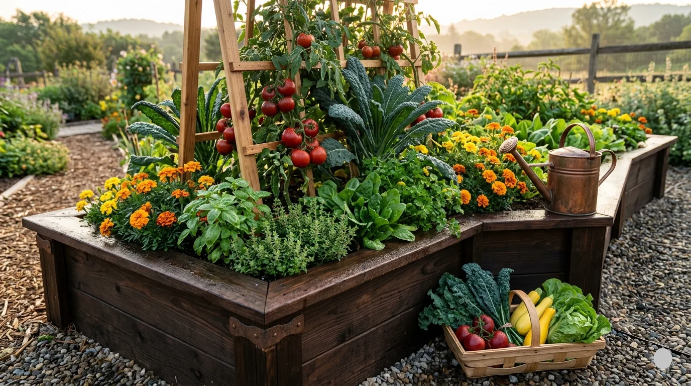 A completed dark cedar raised garden bed overflowing with ripe red tomatoes on a wooden trellis, dark green kale, and bright yellow marigolds during the morning golden hour, with a rustic watering can resting on the edge and a basket of freshly picked vegetables on the ground.