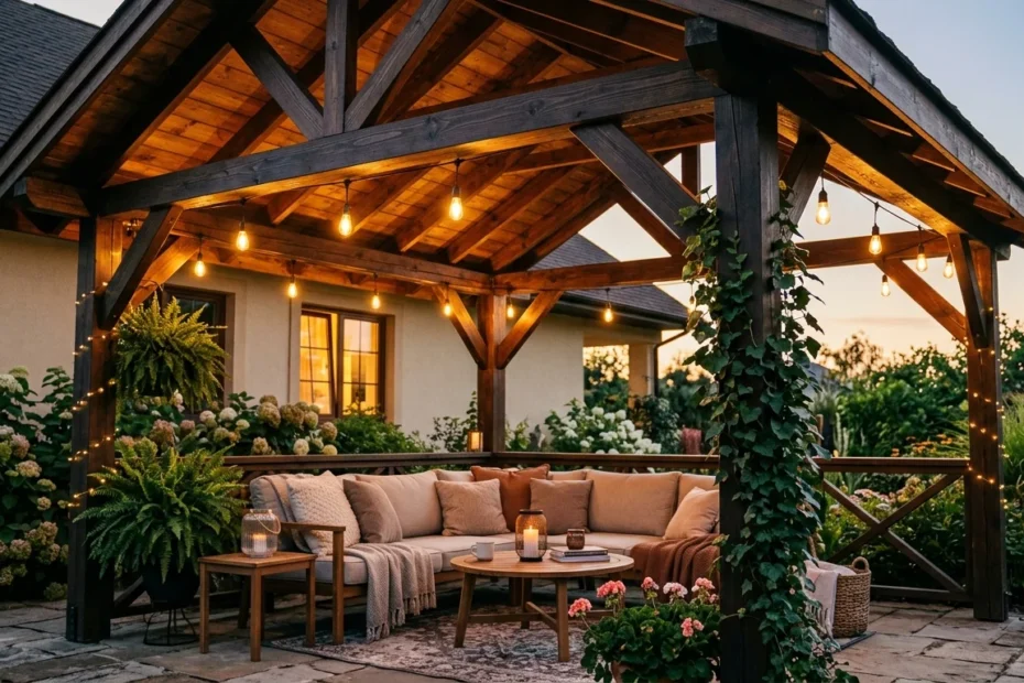 a lighted beautiful wooden canopy roof