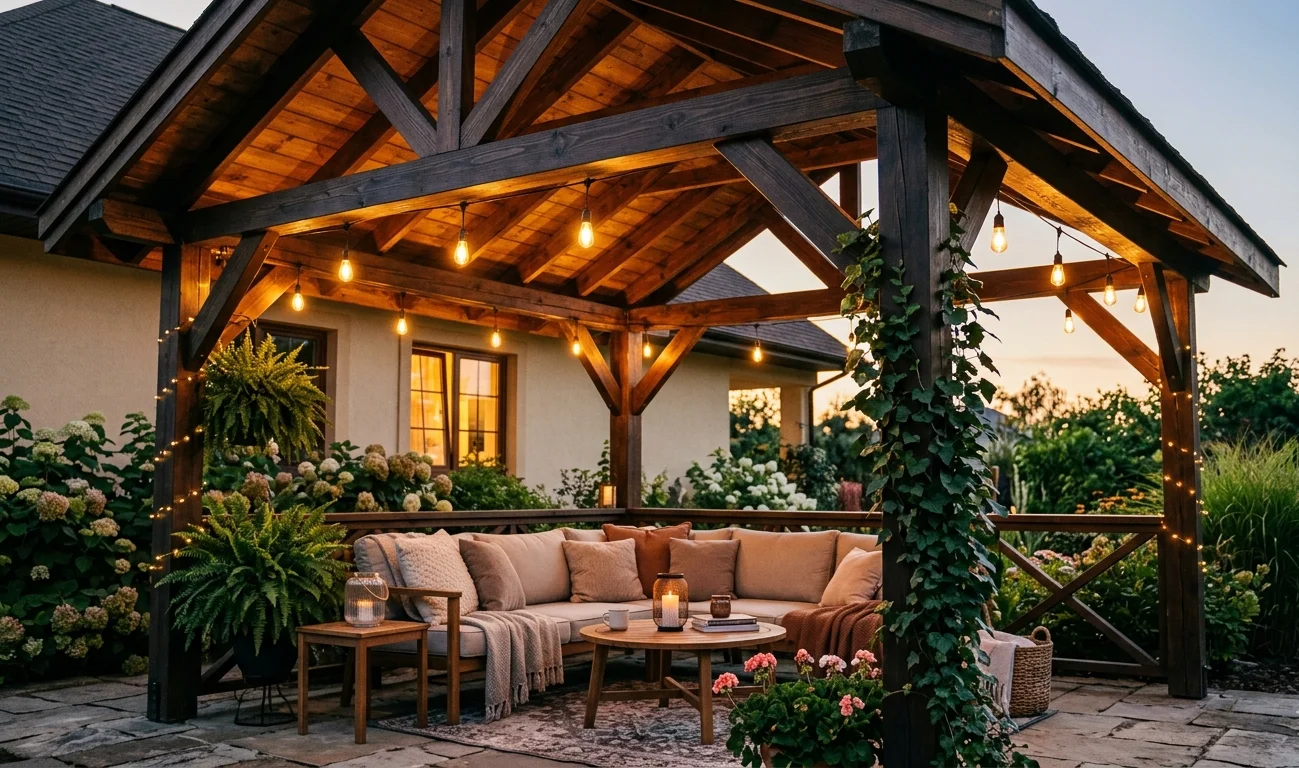 a lighted beautiful wooden canopy roof