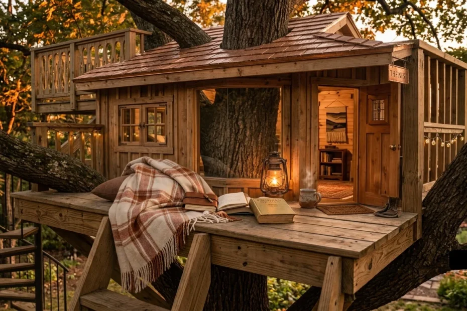 A cozy wooden treehouse at golden hour, featuring a warm lantern, an open book, and a plaid blanket on a welcoming deck.