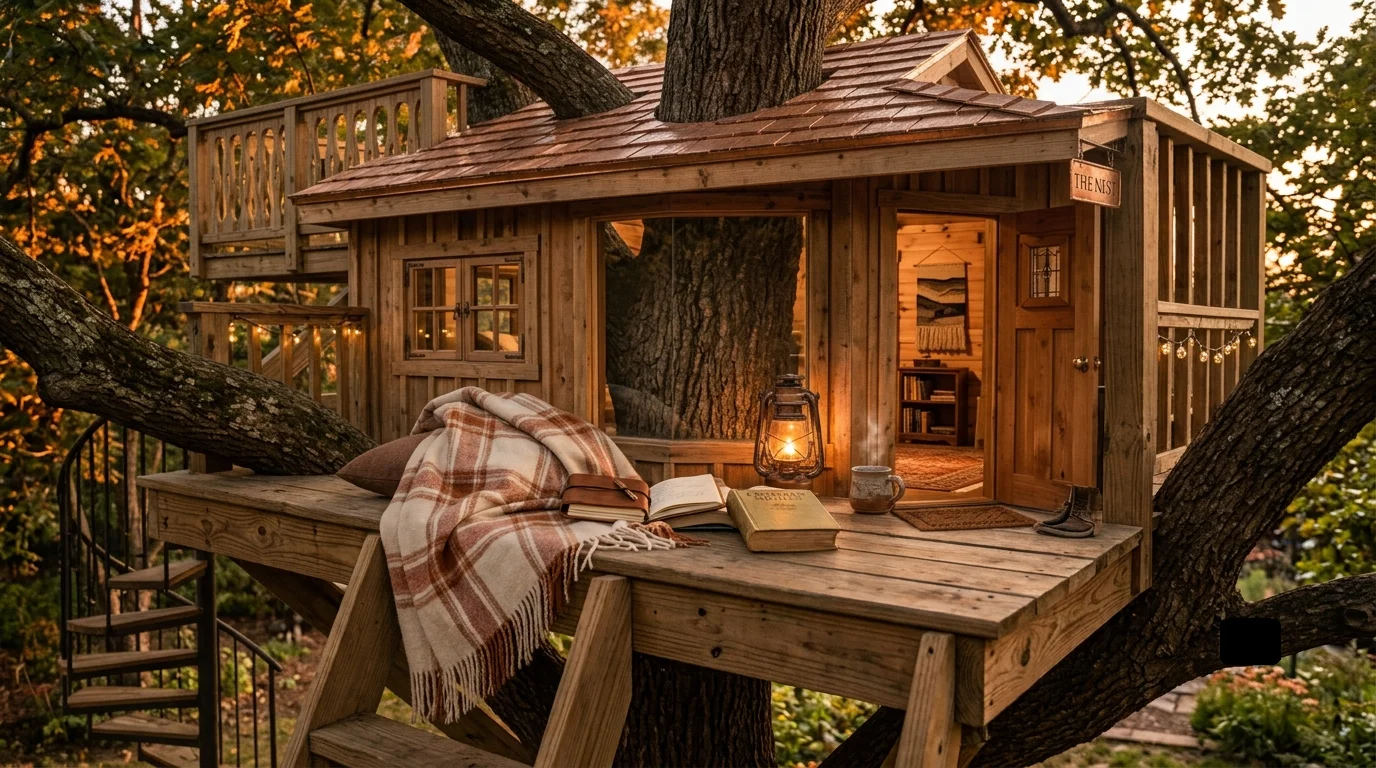 A cozy wooden treehouse at golden hour, featuring a warm lantern, an open book, and a plaid blanket on a welcoming deck.