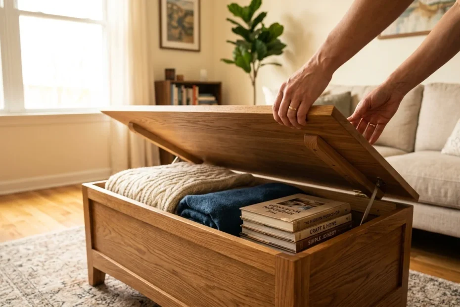 Hands lifting the lid of a wooden storage bench to reveal blankets and books inside a bright apartment.