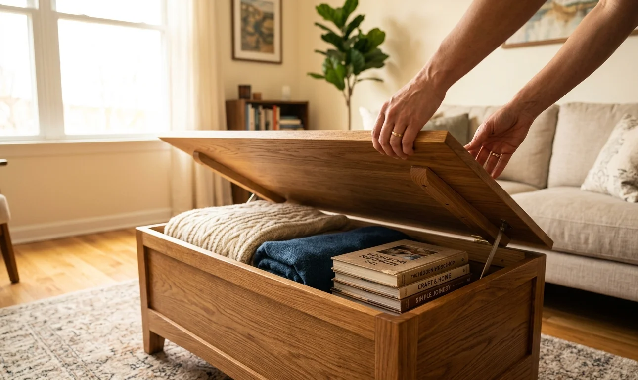 Hands lifting the lid of a wooden storage bench to reveal blankets and books inside a bright apartment.