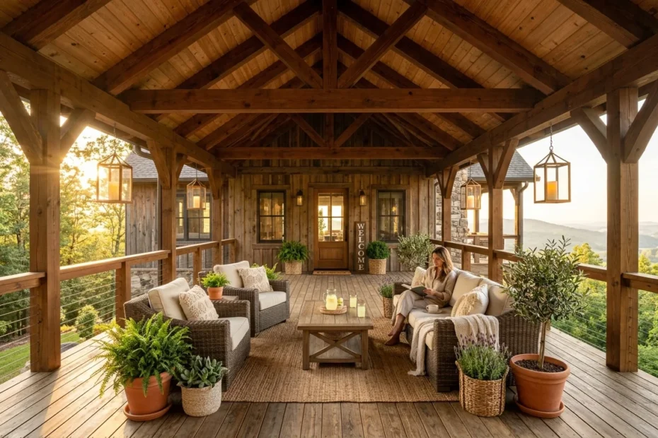 a gorgeous wooden covered porch roof