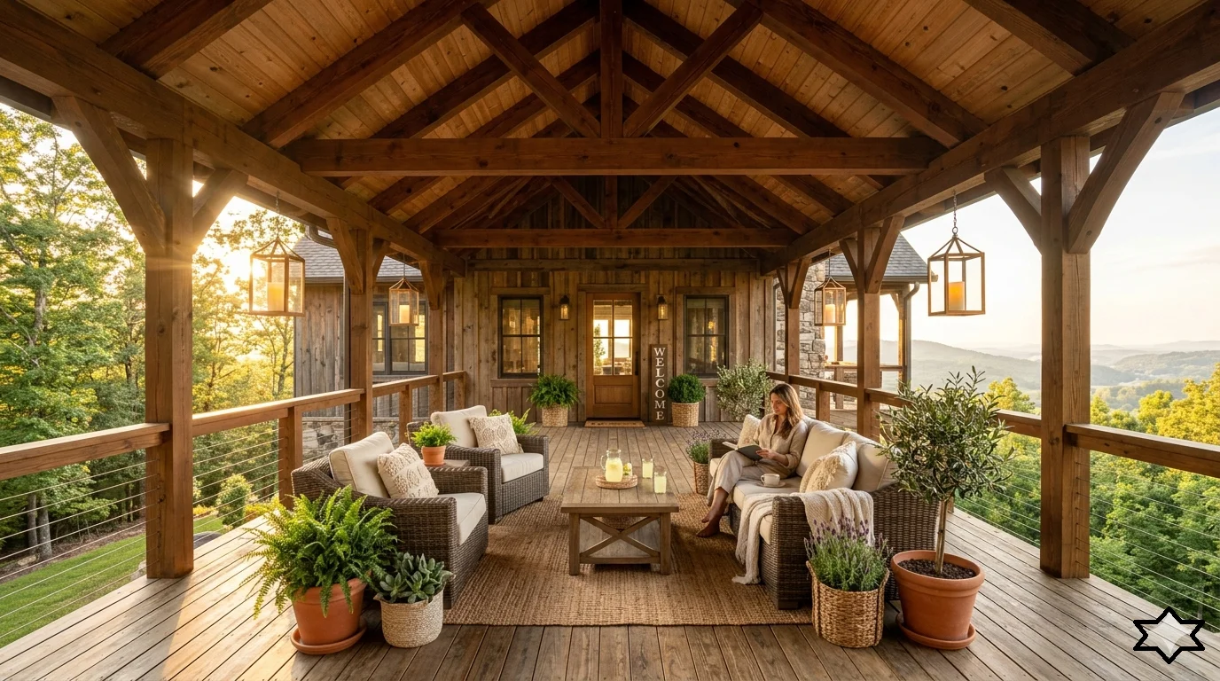a gorgeous wooden covered porch roof