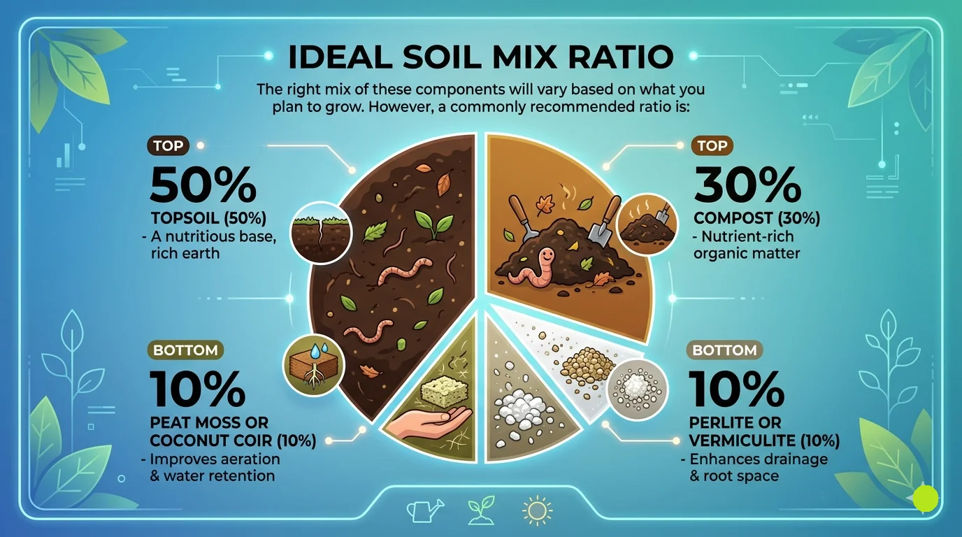 An infographic titled "IDEAL SOIL MIX RATIO" presented in a 16:9 layout. It features a central pie chart illustrating a commonly recommended garden soil recipe: 50% Topsoil, 30% Compost, 10% Peat Moss or Coconut Coir, and 10% Perlite or Vermiculite, with descriptive labels and stylized illustrations for each component.