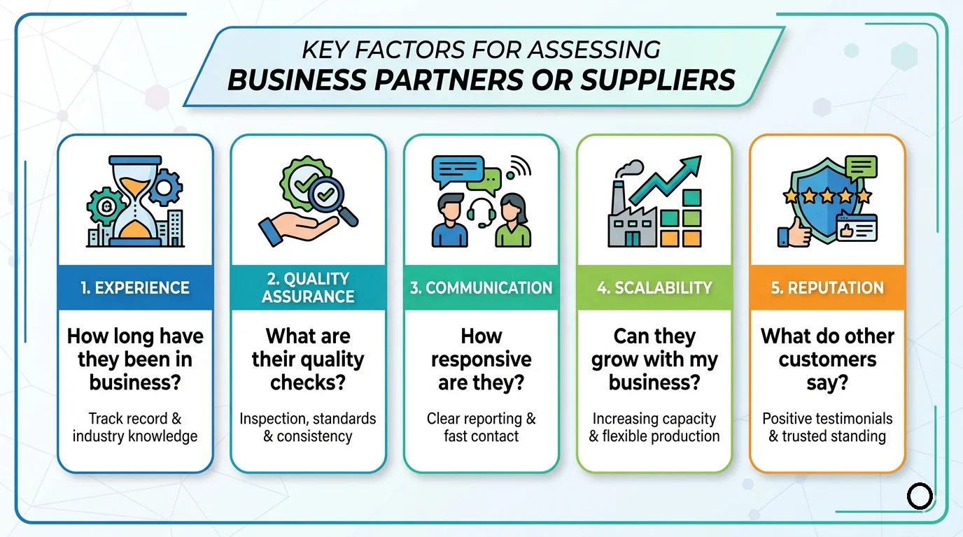 An infographic titled "KEY FACTORS FOR ASSESSING BUSINESS PARTNERS OR SUPPLIERS". It features five colorful, vertical column cards, each displaying an icon and a core evaluation question