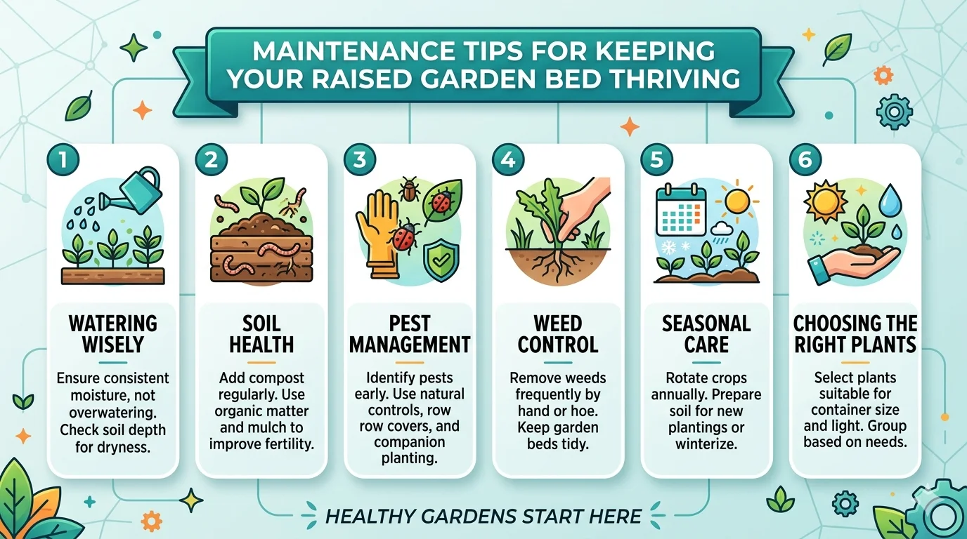 A vibrant infographic titled "MAINTENANCE TIPS FOR KEEPING YOUR RAISED GARDEN BED THRIVING," presented in a 16:9 layout. It displays six vertical panels with colorful icons and actionable advice for gardeners: 1. WATERING WISELY, 2. SOIL HEALTH, 3. PEST MANAGEMENT, 4. WEED CONTROL, 5. SEASONAL CARE, and 6. CHOOSING THE RIGHT PLANTS.