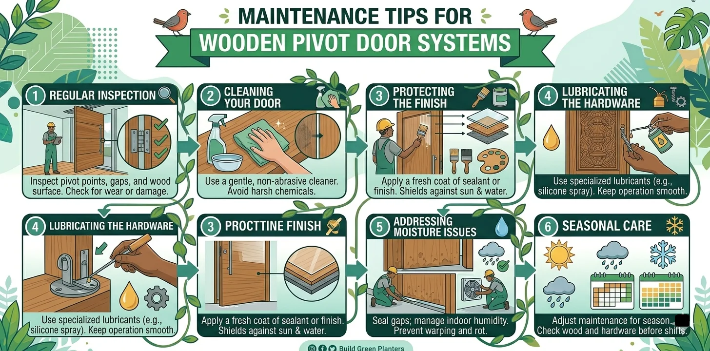 infographic of Maintenance Tips for Wooden Pivot Door Systems