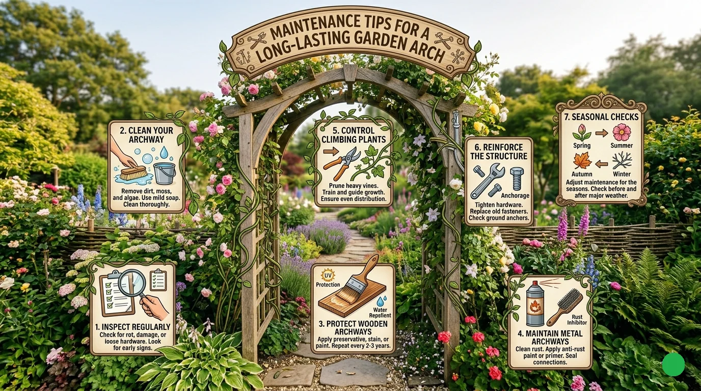 infographic of Maintenance Tips for a Long-Lasting Garden Arch