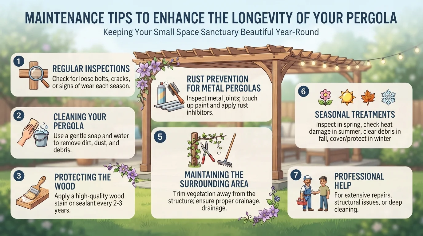 An infographic titled "Maintenance Tips to Enhance the Longevity of Your Pergola," displaying seven numbered tips with icons and brief descriptions for caring for the structure, including inspections, cleaning, wood protection, rust prevention, maintenance of the surrounding area, seasonal treatments, and professional help.