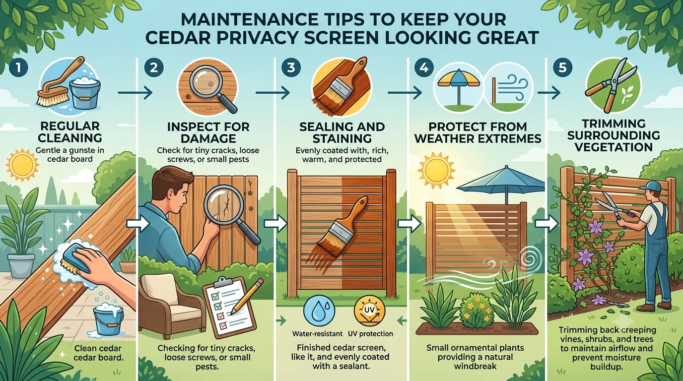 An infographic titled "Maintenance Tips to Keep Your Cedar Privacy Screen Looking Great," illustrating five key practices: regular cleaning, damage inspection, sealing and staining, weather protection, and trimming surrounding vegetation.