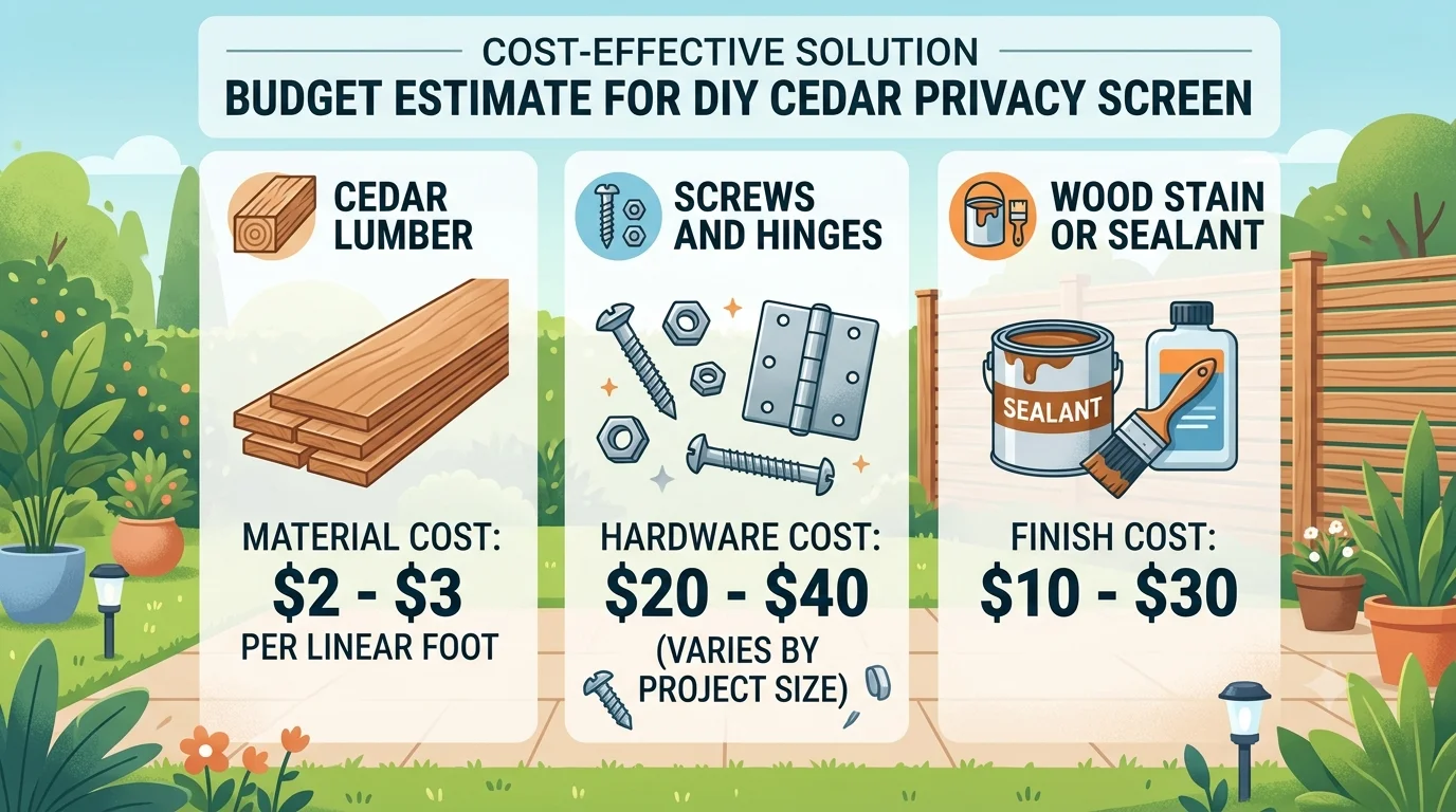 An infographic titled "Budget Estimate for DIY Cedar Privacy Screen," showing the costs for lumber, hardware, and finishes with corresponding icons.