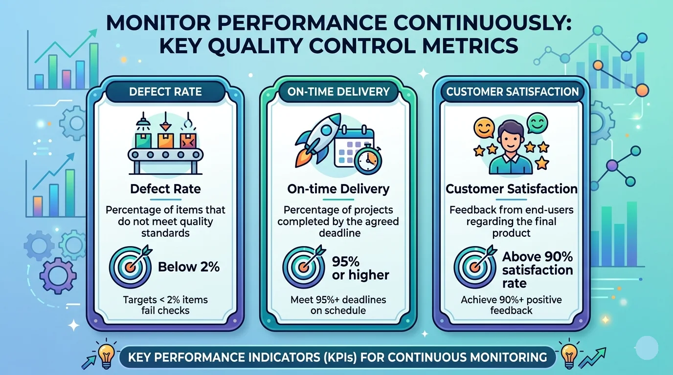 An infographic titled "Monitor Performance Continuously" presenting three key metrics—Defect Rate, On-time Delivery, and Customer Satisfaction