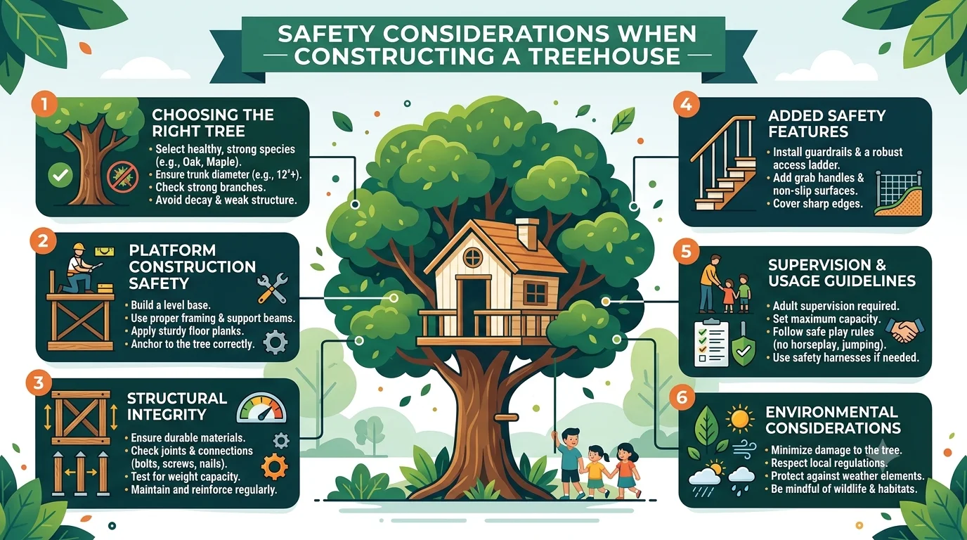 An infographic titled "Safety Considerations When Constructing a Treehouse," featuring a central treehouse illustration and six numbered sections covering tree selection, platform construction, structural integrity, safety features, usage guidelines, and environmental impact.