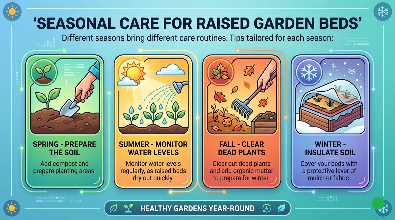 An infographic titled "SEASONAL CARE FOR RAISED GARDEN BEDS" presented in a 16:9 layout. It features four distinct, color-coded vertical panels outlining tasks for each season: Spring (Prepare the Soil), Summer (Monitor Water Levels), Fall (Clear Dead Plants), and Winter (Insulate Soil), each complete with a descriptive tip and a seasonal illustration.