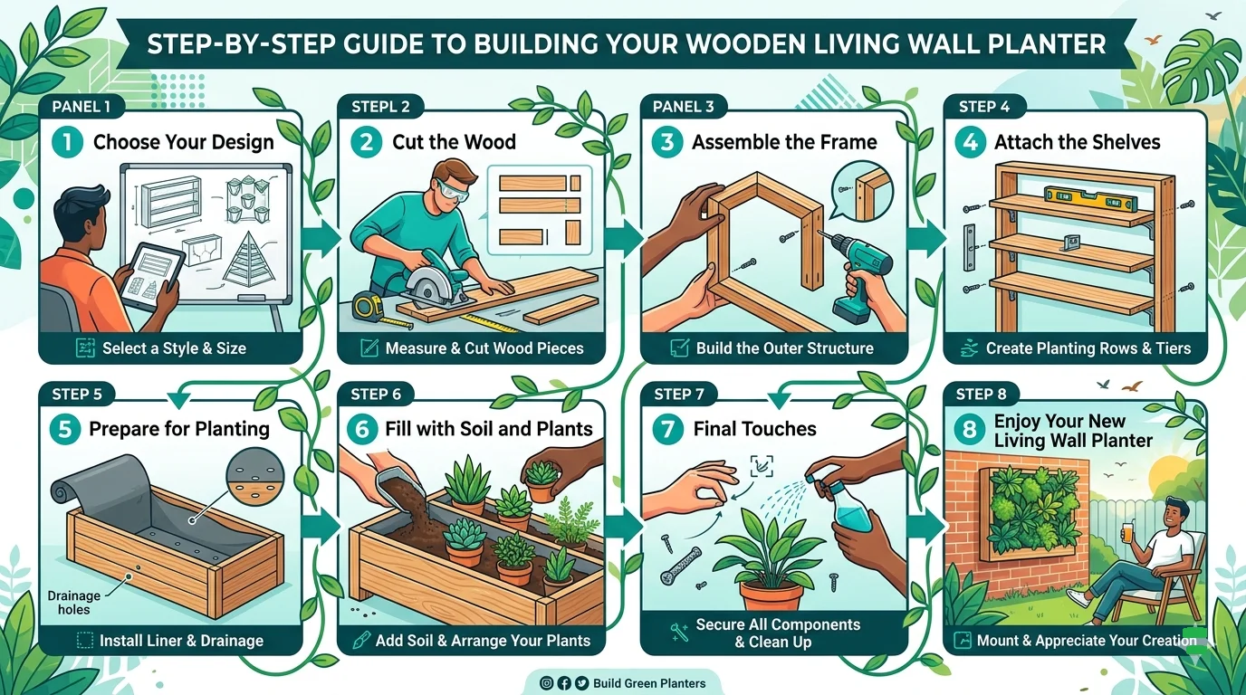 infograhic of Step-by-Step Guide to Building Your Wooden Living Wall Planter
