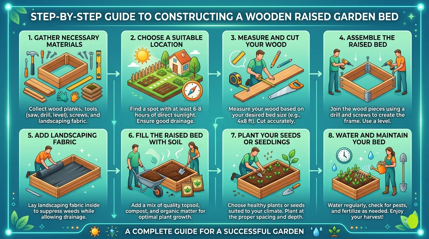 An infographic titled "STEP-BY-STEP GUIDE TO CONSTRUCTING A WOODEN RAISED GARDEN BED" in a 16:9 layout. It features eight numbered, sequential panels illustrating the process