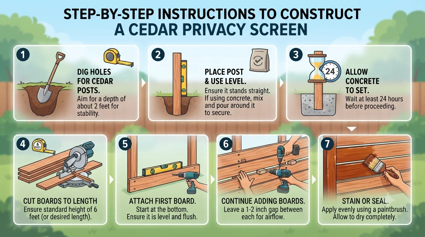 An infographic titled "Step-by-Step Instructions to Construct a Cedar Privacy Screen," featuring seven numbered steps with illustrations showing the process from digging post holes to staining the final wood panels.